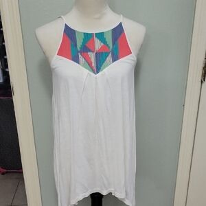 White Sleeveless Top with Colorful Geometric Design